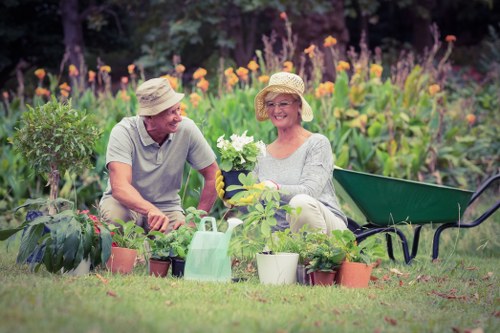 Gardener inspecting a residential garden during a complaints review